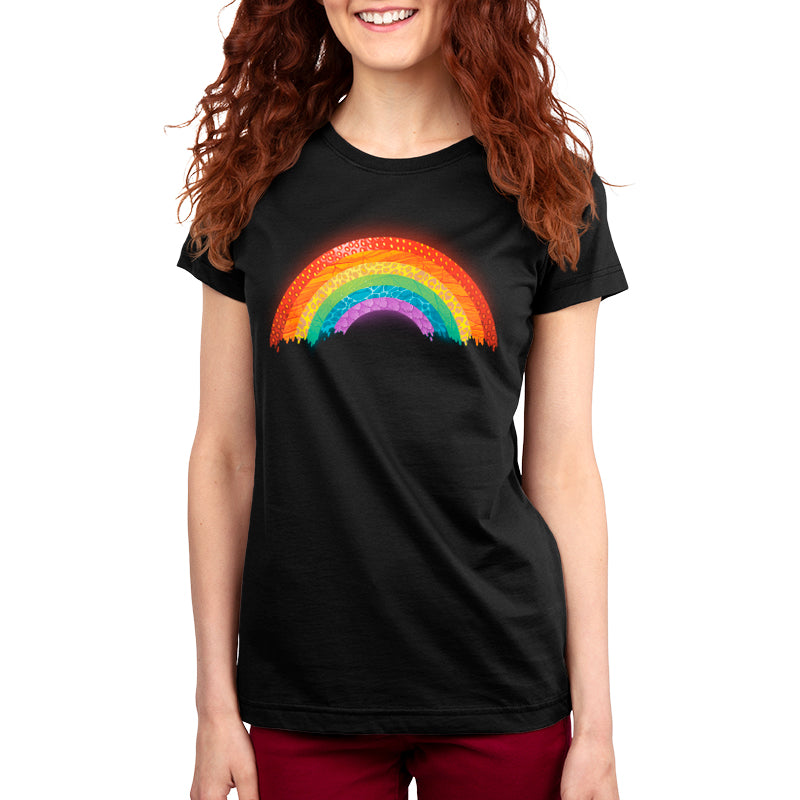 A TeeTurtle Radical Rainbow women's black T-shirt with a rainbow collage design.