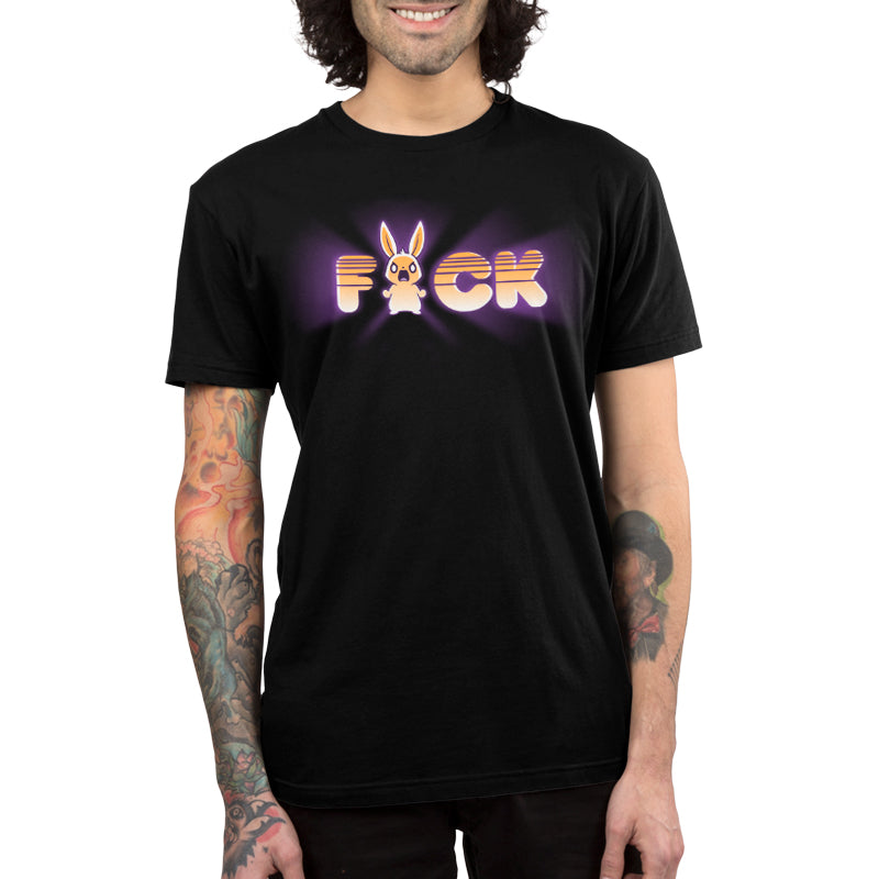 A man wearing a TeeTurtle Rage Overload black t-shirt with the word fuck on it.