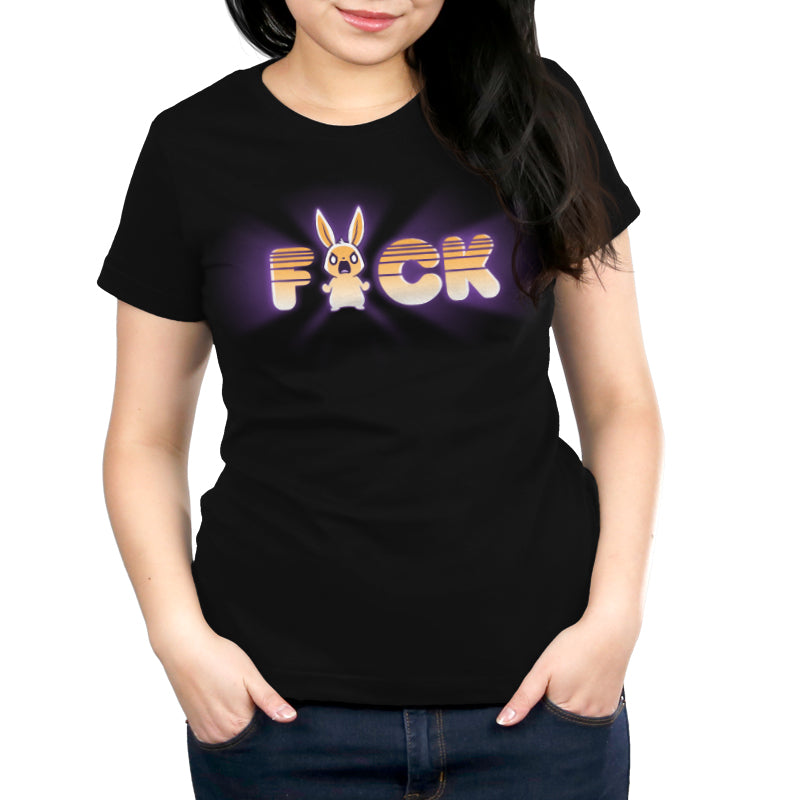 A woman wearing a black t-shirt featuring the word "fuck" by TeeTurtle, expressing her Rage Overload by TeeTurtle.