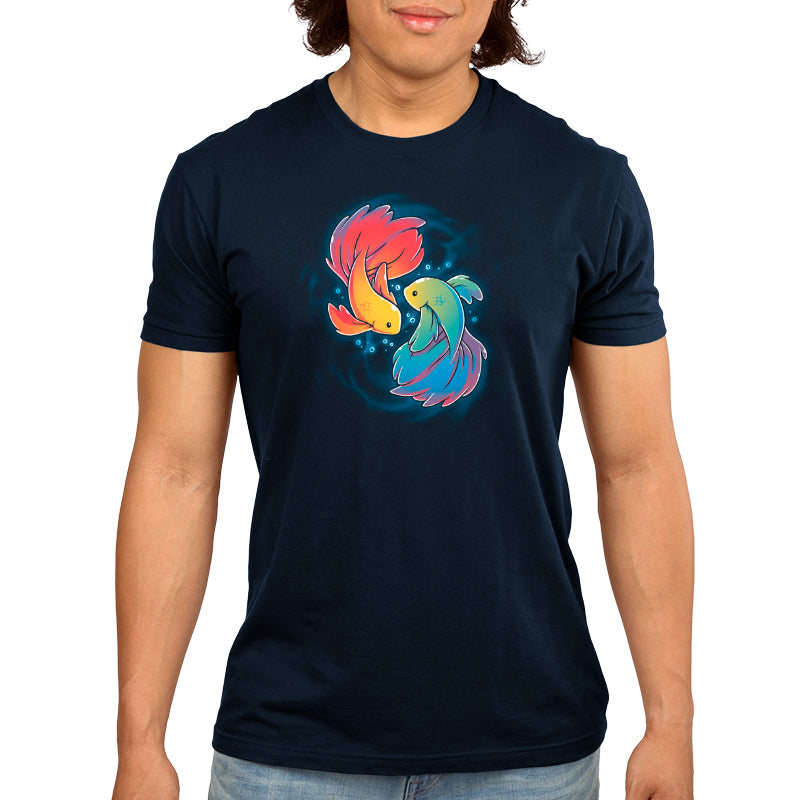 A man wearing a T-shirt with a TeeTurtle Rainbow Betta fish on it.