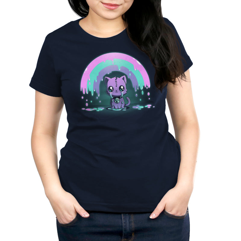 A kawaii women's t-shirt featuring a Rainbow Crying Cat with a rainbow background, offering both comfort and style. Brand: TeeTurtle