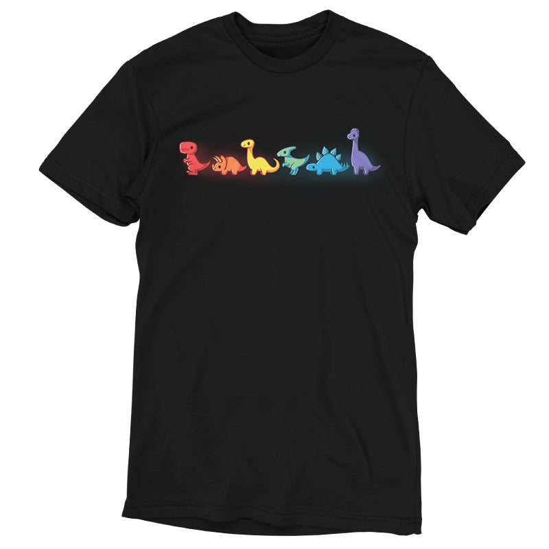 A dino-mite outfit featuring Rainbow Dinos on a black TeeTurtle t-shirt.