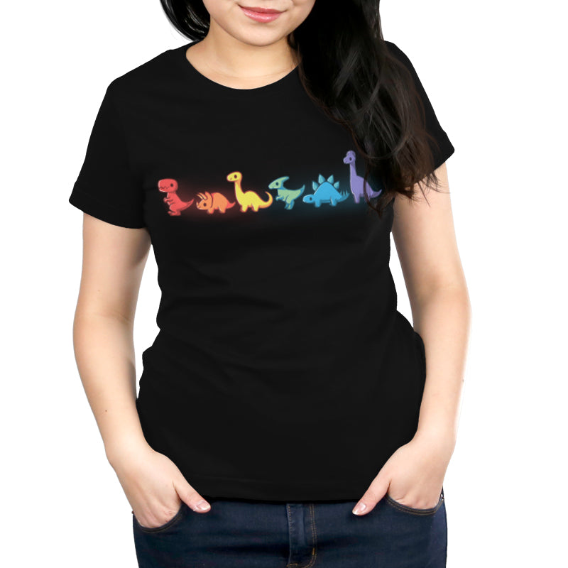 A TeeTurtle Rainbow Dinos T-shirt featuring rainbow-colored dinosaurs.