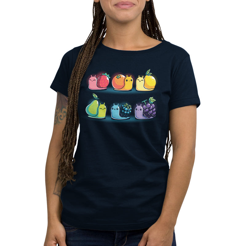 A TeeTurtle Rainbow Fruit Snails t-shirt with a cat and fruit on it.
