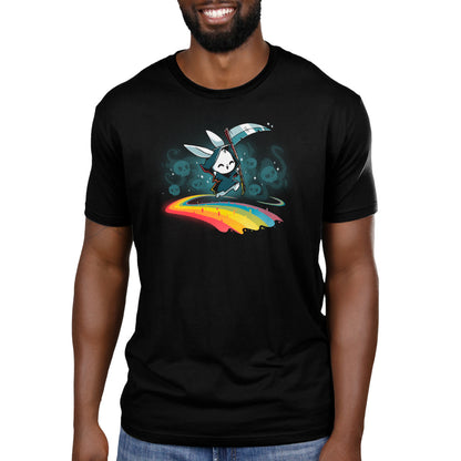 A man wearing a black t-shirt with an image of a Rainbow Reaper on a rainbow, giving off hippety hoppity vibes, made by TeeTurtle.