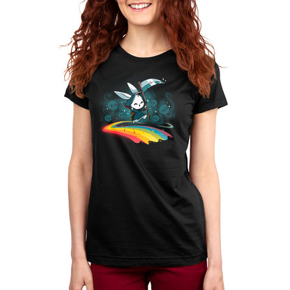 A TeeTurtle Rainbow Reaper black women's t-shirt with an image of a rabbit on a rainbow.