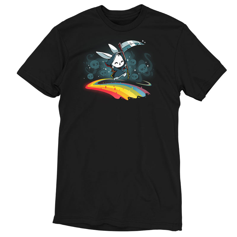 A black Rainbow Reaper T-shirt by TeeTurtle with an image of a rainbow.