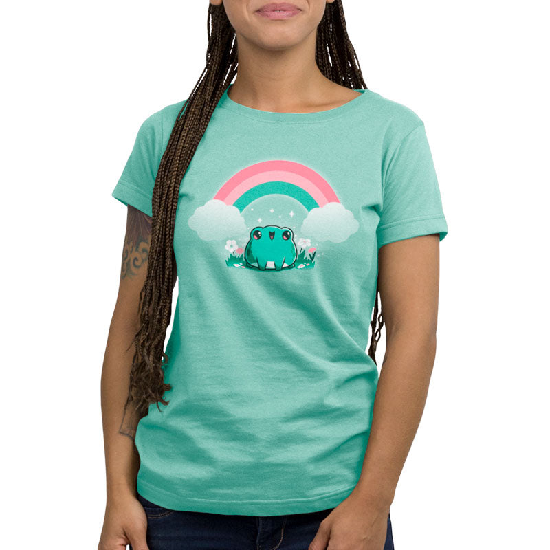 A women's Rainbow Ribbits t-shirt with an image of a frog and a rainbow by TeeTurtle.