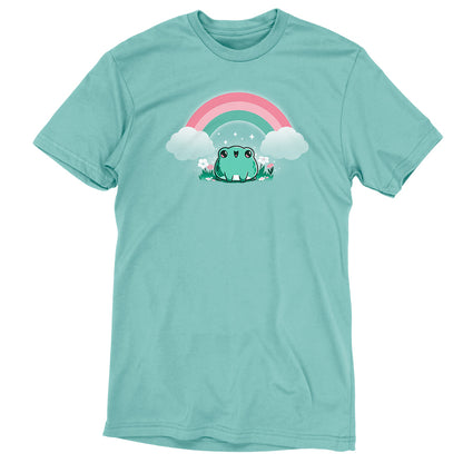 TeeTurtle's Rainbow Ribbits wears a turquoise t-shirt adorned with a rainbow and clouds as it ribbits.