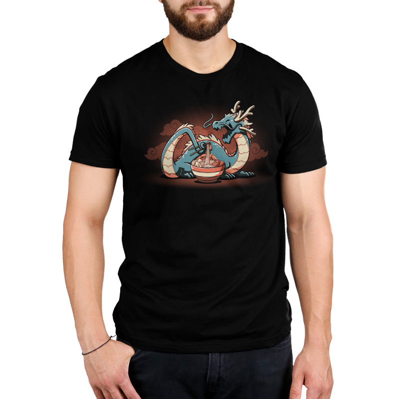 A man wearing a black t-shirt with a Ramen Dragon on it, possibly featuring the TeeTurtle original design.