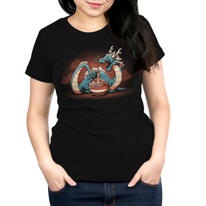 A woman wearing a black Ramen Dragon T-shirt by TeeTurtle made of super soft ringspun cotton.