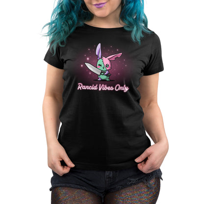 A black women's t-shirt with a cartoon image of a bunny with blue hair, emitting TeeTurtle's Rancid Vibes Only.