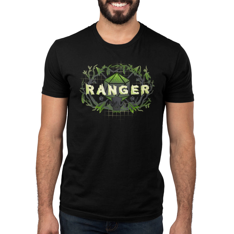 A man in a black t-shirt showcasing his Ranger Class from TeeTurtle with the word "Ranger" on it.
