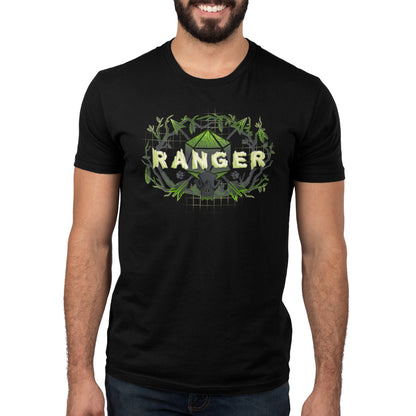 Premium Cotton T-shirt - A person wearing a black apparel with the word "RANGER" and a graphic design featuring green foliage and geometric shapes. This unisex apparelis made from super soft ringspun cotton, perfect for showcasing your love for the Ranger Class in style. The Ranger Class apparel by monsterdigital offers both comfort and a trendy look for fans of the Ranger class.