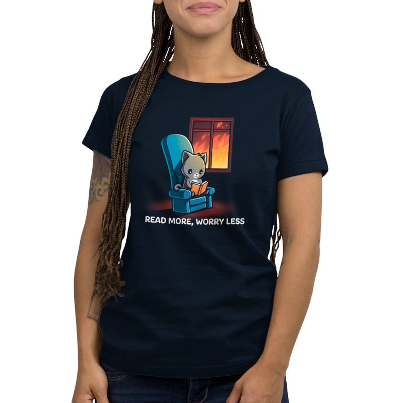 A women's t-shirt featuring an adorable image of a cat lounging in a chair. Read More, Worry Less and satisfy your love for feline companionship with this purrfect TeeTurtle tee.