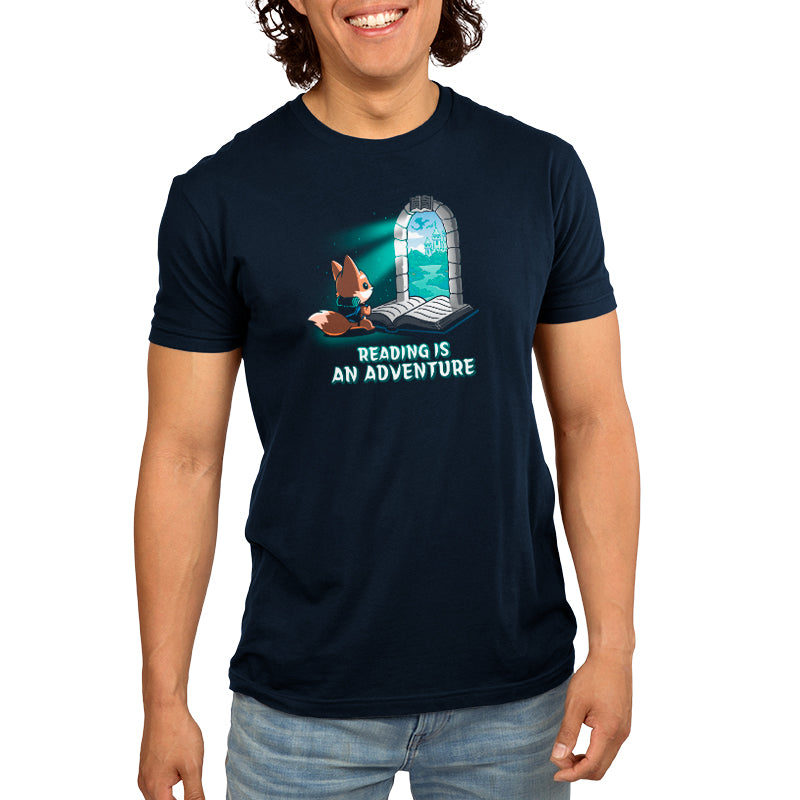 A man wearing a navy blue T-shirt that says "Reading Is An Adventure" by TeeTurtle.