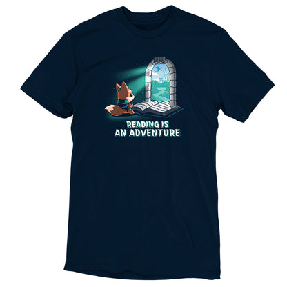 Navy blue Reading Is An Adventure t-shirt by TeeTurtle for bookshelf adventure.