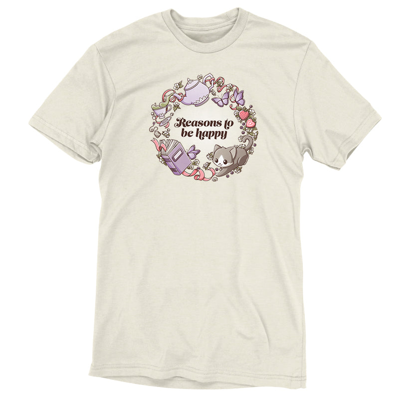 A comfortable Reasons to be Happy T-shirt adorned with a flower wreath and the words summer is happy from TeeTurtle.