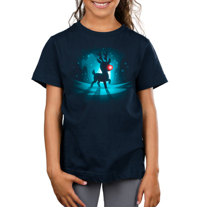 A girl wearing a navy blue t-shirt with an image of a TeeTurtle Red-Nosed Reindeer.