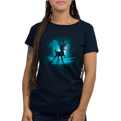 A navy blue women's t-shirt featuring an image of a Red-Nosed Reindeer by TeeTurtle.