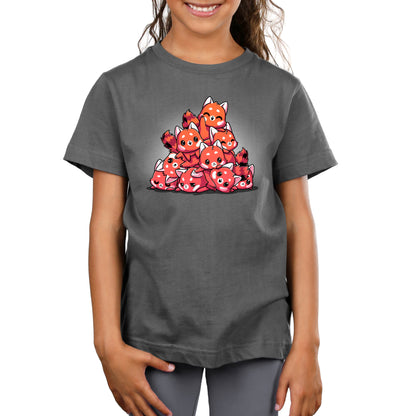 A girl wearing a TeeTurtle Red Panda Pile grey t-shirt with an adorable image of a red fox.