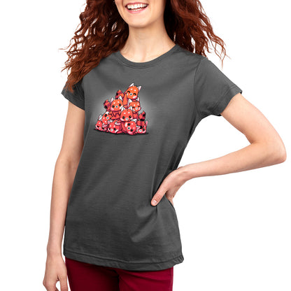 A woman wearing a charcoal gray Red Panda Pile t-shirt from TeeTurtle.