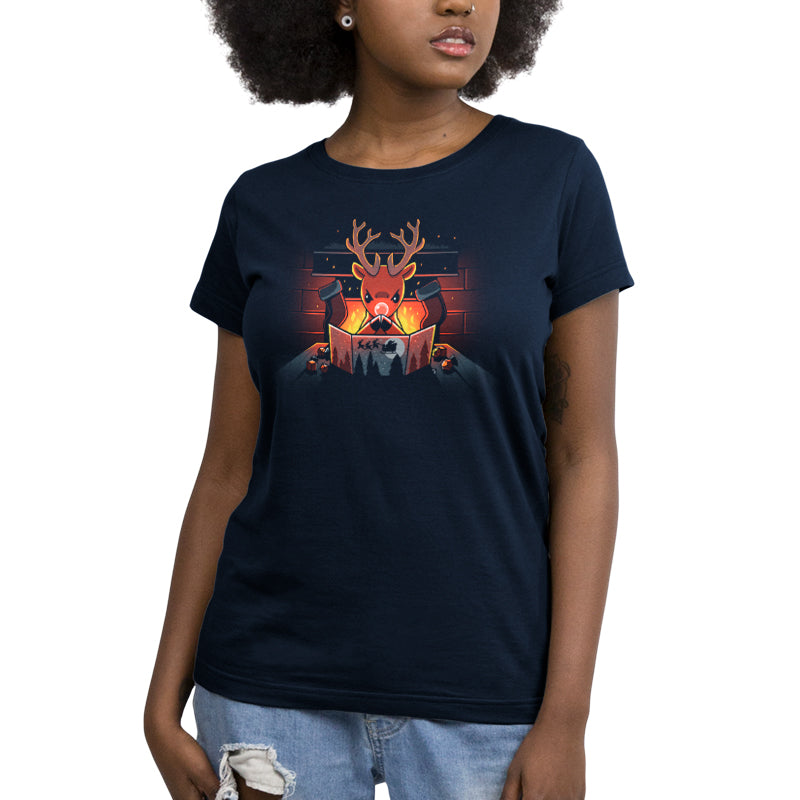 A women's navy t-shirt with an image of Reindeer Game Master by TeeTurtle.