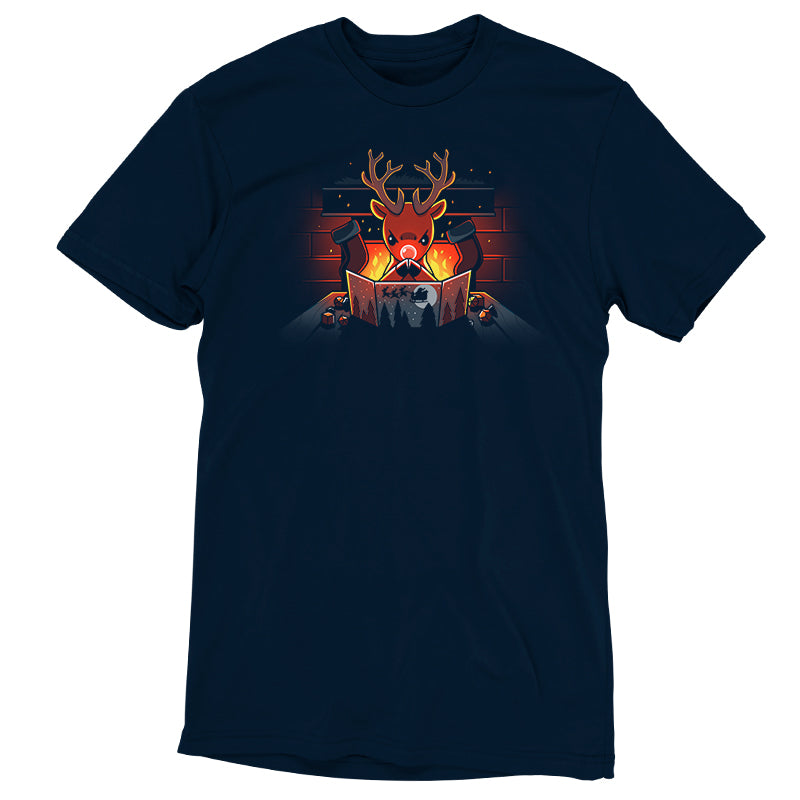 A Reindeer Game Master t-shirt with an image of a deer in a fireplace, perfect for fans of nature and wildlife. (Brand: TeeTurtle)