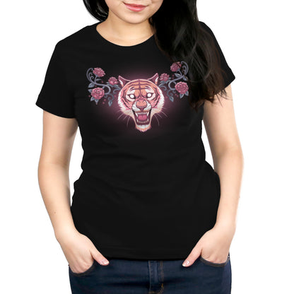 A women's black Roar and Roses t-shirt by TeeTurtle with a tiger and roses on it.