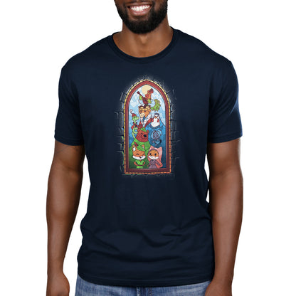 A Disney-themed men's t-shirt featuring the Robin Hood Stained Glass Window.