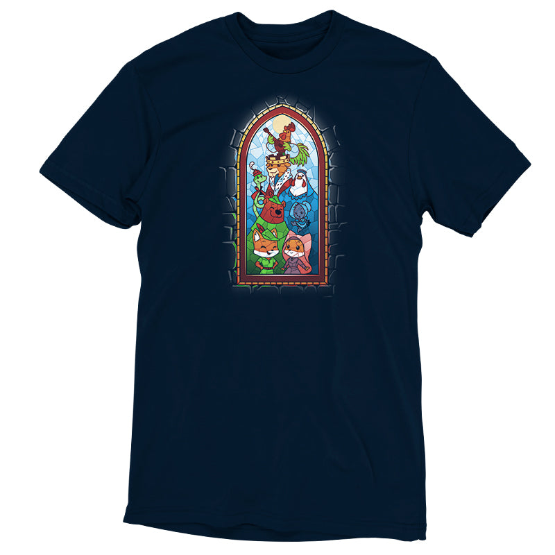 A Disney Robin Hood Stained Glass Window navy t-shirt with an image of a Christmas tree.
