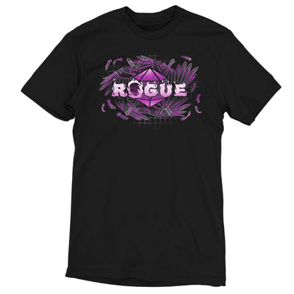 Black unisex tee featuring a stylized design of a pink polygon with the word "Rogue" in the center, surrounded by abstract purple feathers. Made from super soft ringspun cotton, this monsterdigital Rogue Class t-shirt combines comfort and style effortlessly.
