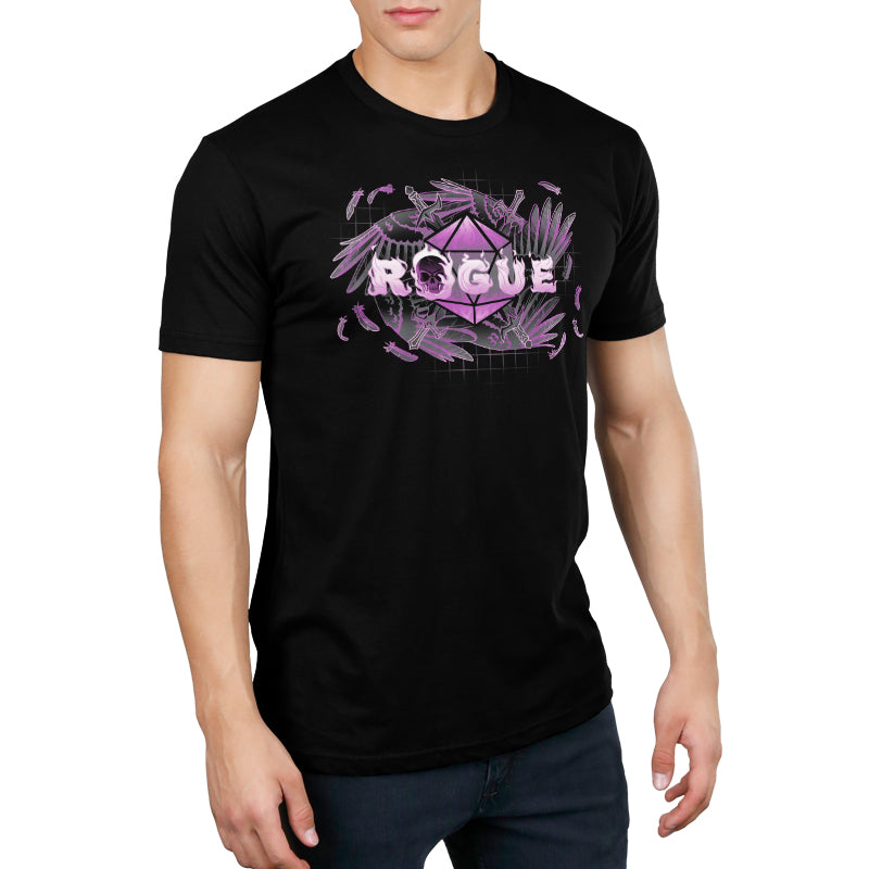 A person wearing an unisex "Rogue Class" t-shirt made from super soft ringspun cotton, featuring a black design with geometric and abstract elements, and the word "ROGUE" in pink font. Product Name: Rogue Class Brand Name: monsterdigital
