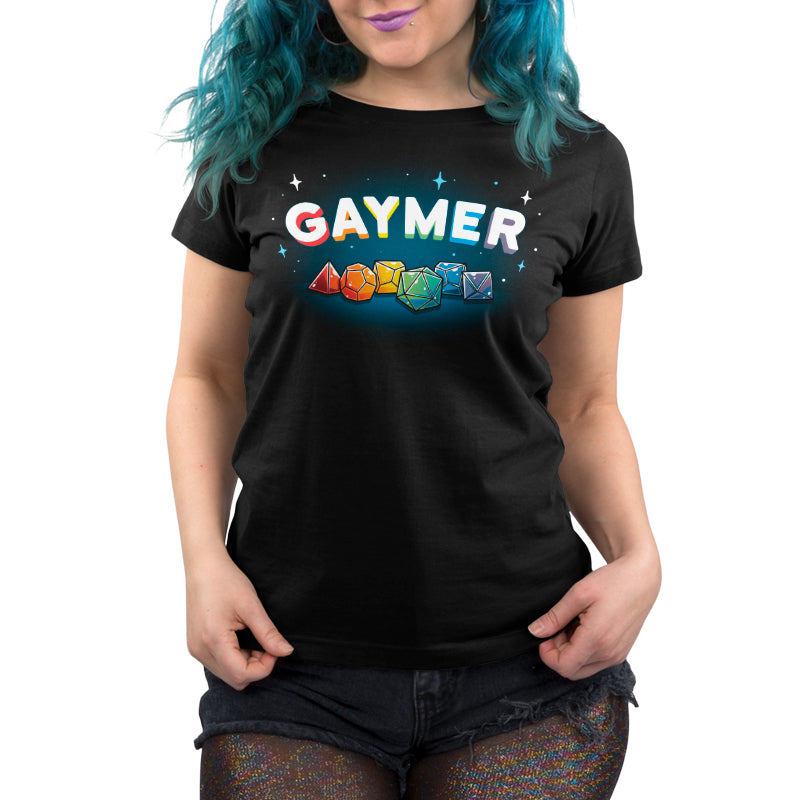 Queer TeeTurtle tabletop gamer showcases Gaymer black t-shirt.