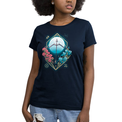 A women's navy blue Sagittarius Zodiac t-shirt with an image of flowers and a moon by TeeTurtle.