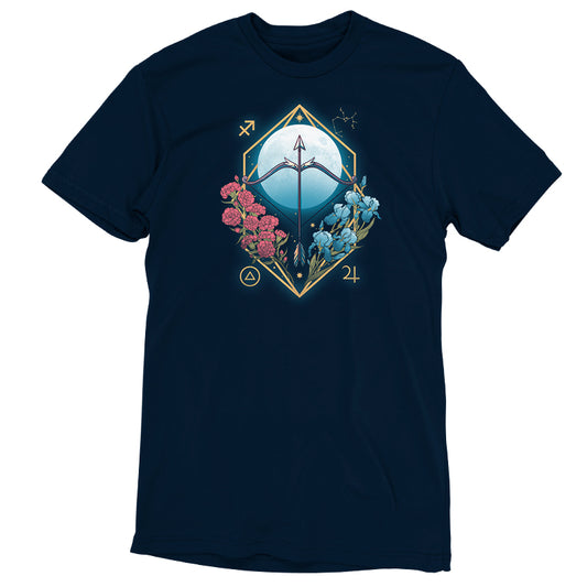 A Sagittarius Zodiac-themed t-shirt featuring a bird and flowers on a navy blue background by TeeTurtle.