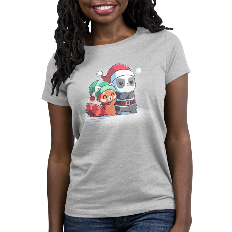 A silver women's Santa Hug t-shirt from TeeTurtle with a panda wearing a santa hat for maximum comfort.