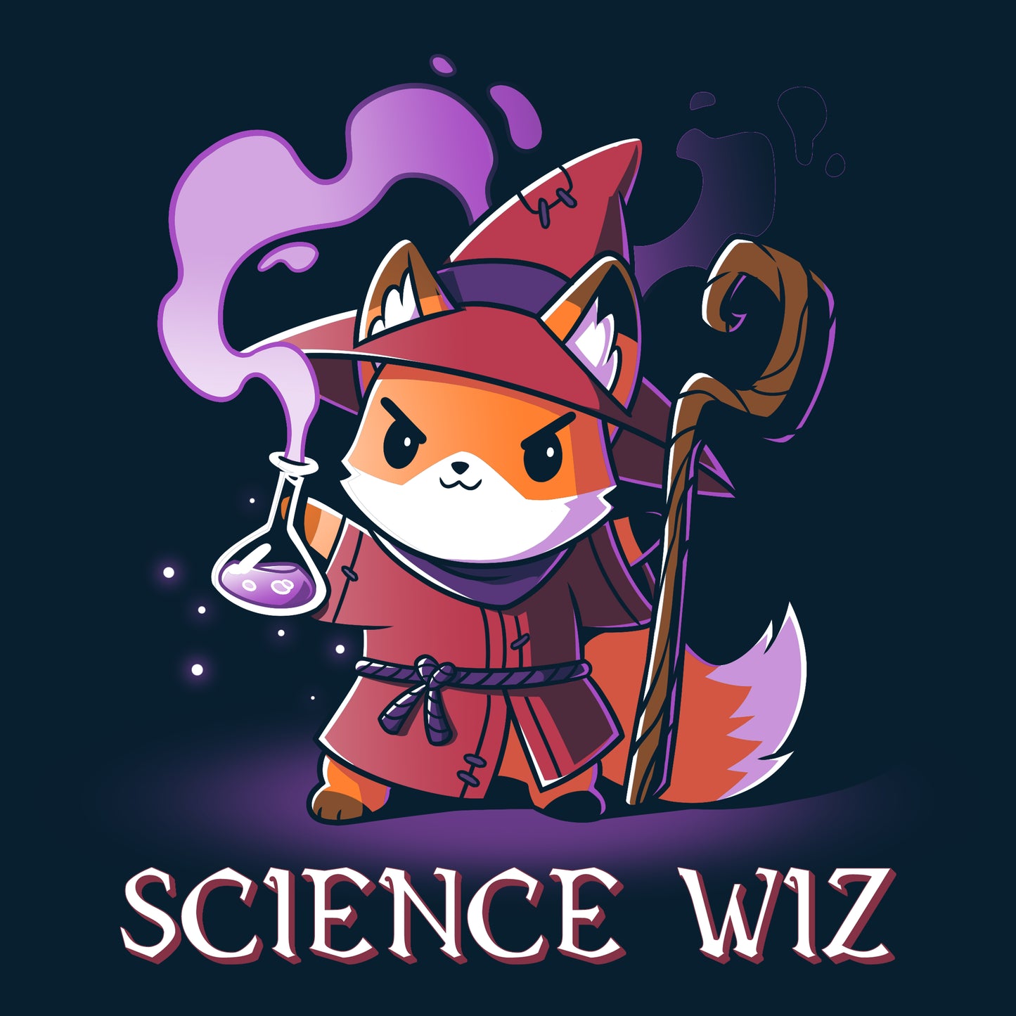 An illustration of a fox wearing a wizard outfit holding a beaker with purple liquid and a staff. The text "Science Wiz" is below the fox, ready to adorn a navy blue t-shirt made from super soft ringspun cotton by monsterdigital.