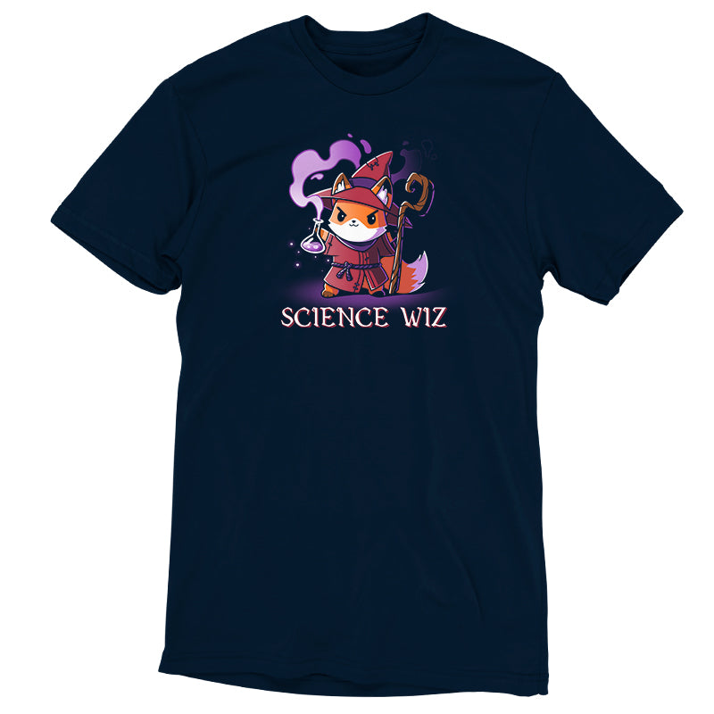 A super soft ringspun cotton, navy blue T-shirt from monsterdigital featuring a cartoon fox in a wizard outfit holding a beaker with purple smoke, accompanied by the text "Science Wiz.