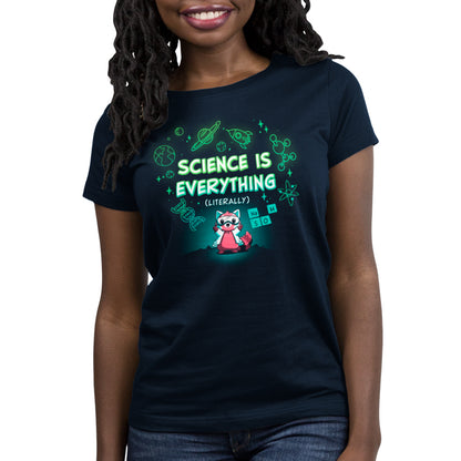 Person wearing a super soft cotton, navy blue science t-shirt with the phrase "Science is Literally Everything" by monsterdigital and illustrations of science-themed icons around it.