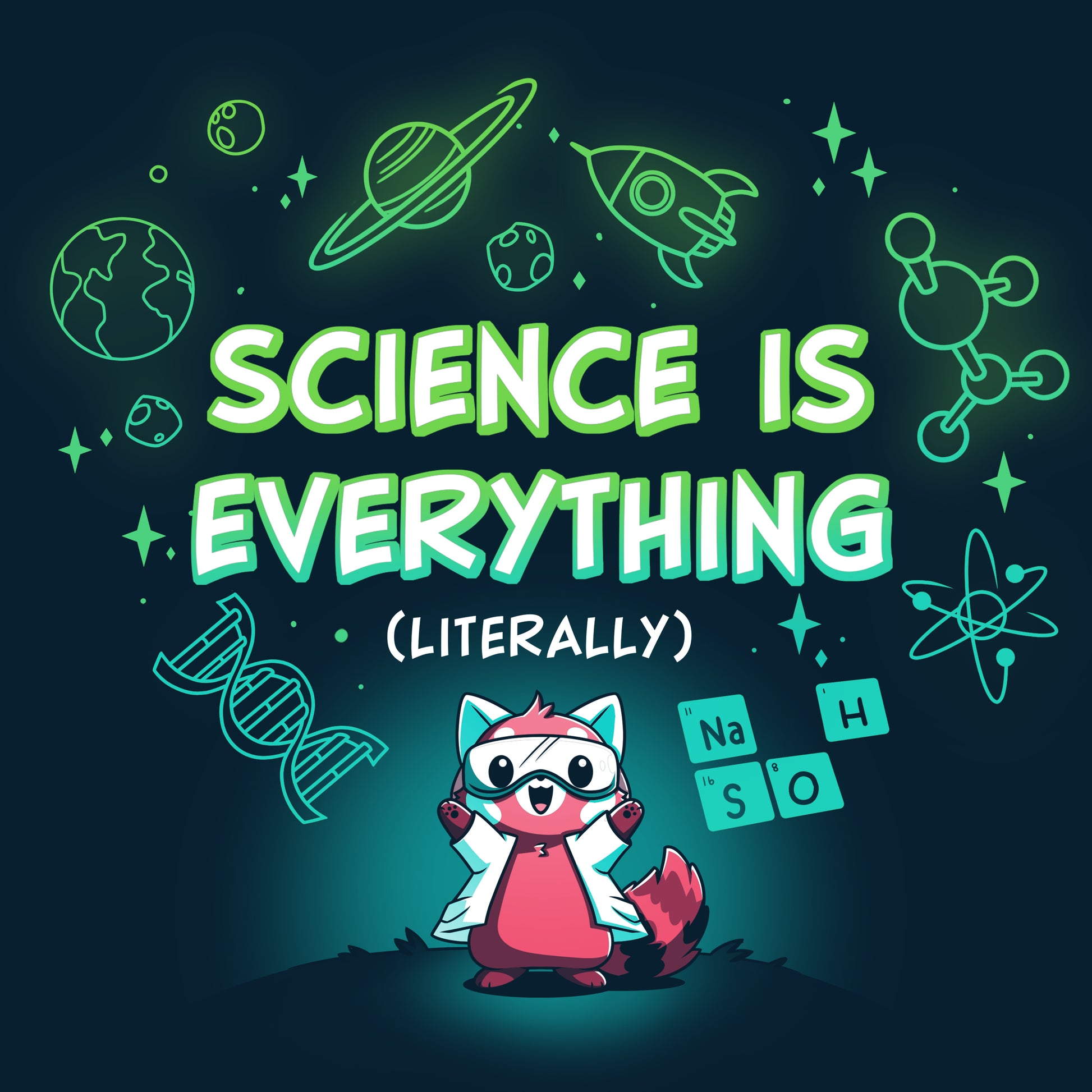 A cartoon superhero raccoon in a lab coat stands beneath the phrase "Science is Everything (Literally)," surrounded by science-related icons like planets, molecules, a DNA strand, and chemical elements. Available on a super soft cotton navy blue t-shirt, the Science is Literally Everything by monsterdigital is the perfect science t-shirt for enthusiasts.
