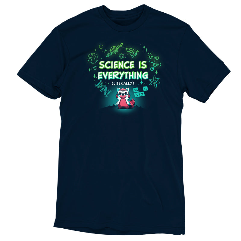 Navy blue t-shirt crafted from super soft cotton, featuring an animated character and scientific icons. The text reads "Science is Everything (Literally)." Product Name: Science is Literally Everything, Brand Name: monsterdigital.