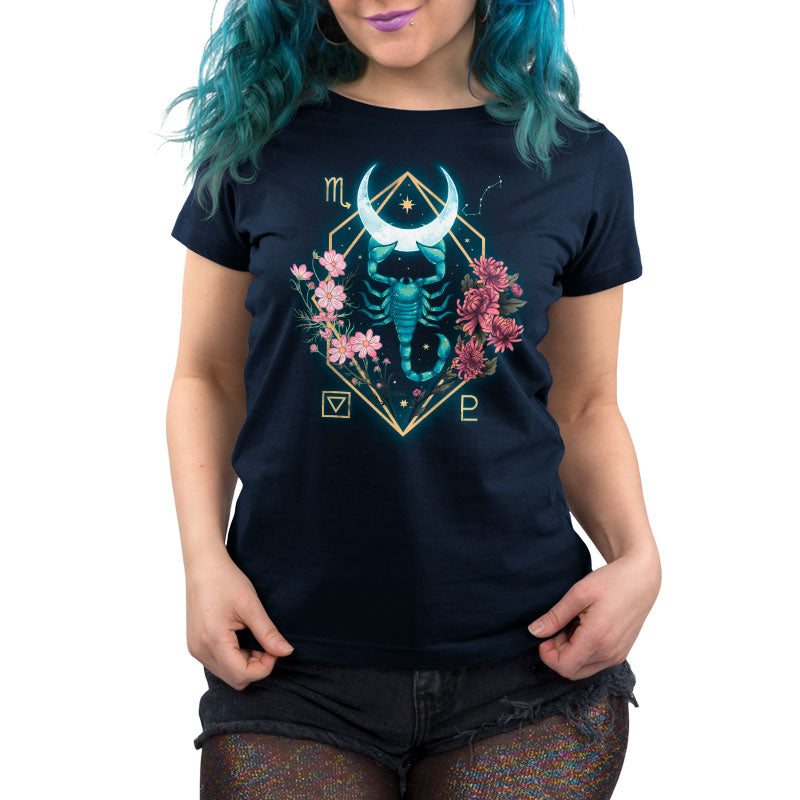 A navy blue women's t-shirt featuring the Scorpio Zodiac by TeeTurtle surrounded by flowers.
