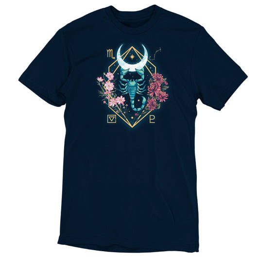 A navy blue Scorpio Zodiac t-shirt with an image of a scorpion and flowers by TeeTurtle.