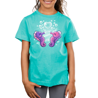 Premium Cotton T-shirt_Teeturtle Seahorse Love Caribbean Blue Featuring a pair of cute seahorses, one purple, the other pink, blowing bubbles together one of which is in the shape of a heart.