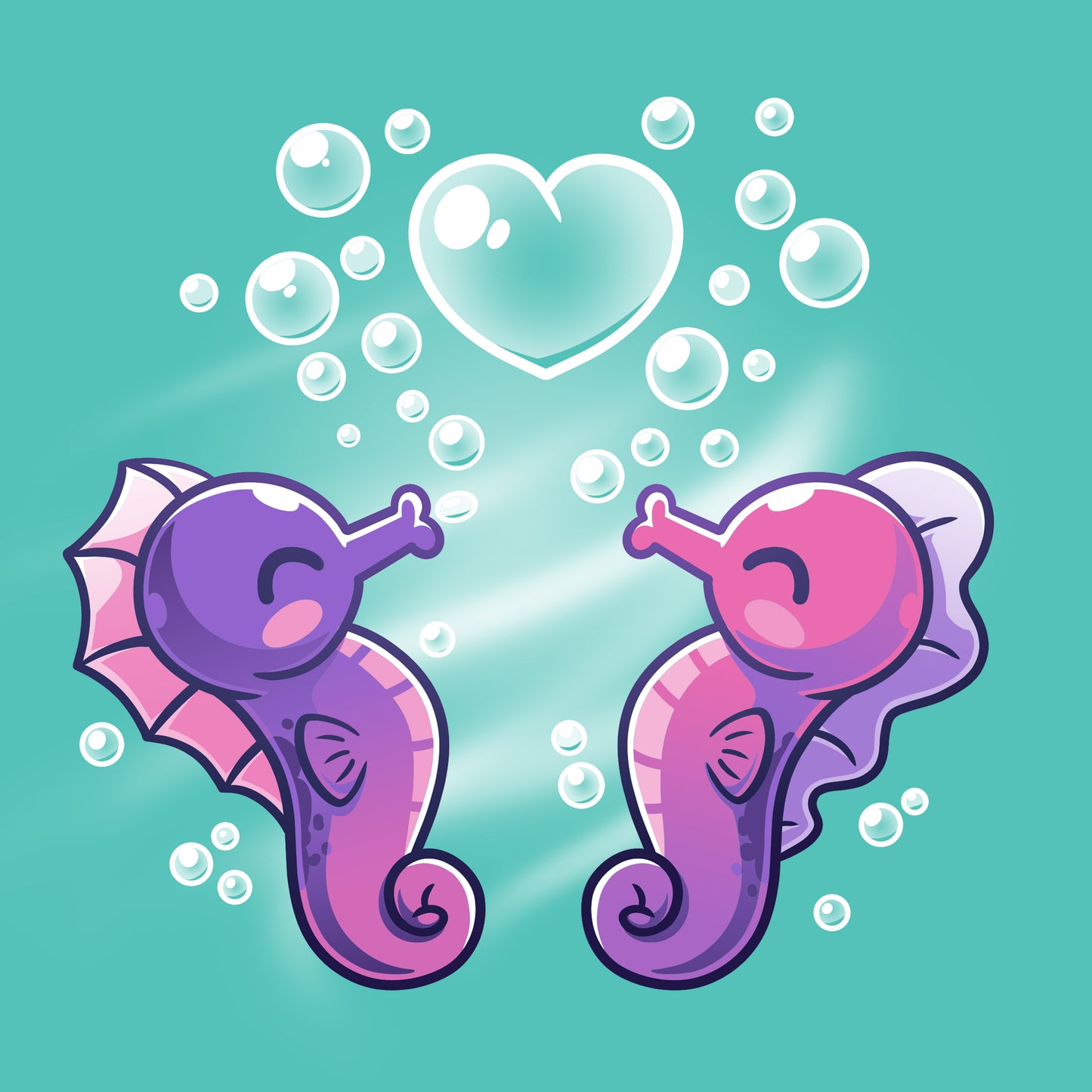 Premium Cotton T-shirt_Teeturtle Seahorse Love Caribbean Blue Featuring a pair of cute seahorses, one purple, the other pink, blowing bubbles together one of which is in the shape of a heart.