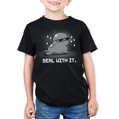 Premium Cotton T-shirt_Teeturtle Seal With It. Black Featuring a smug, sunglasses-wearing seal surrounded by sparkling diamonds with 'Seal with it.' written beneath.