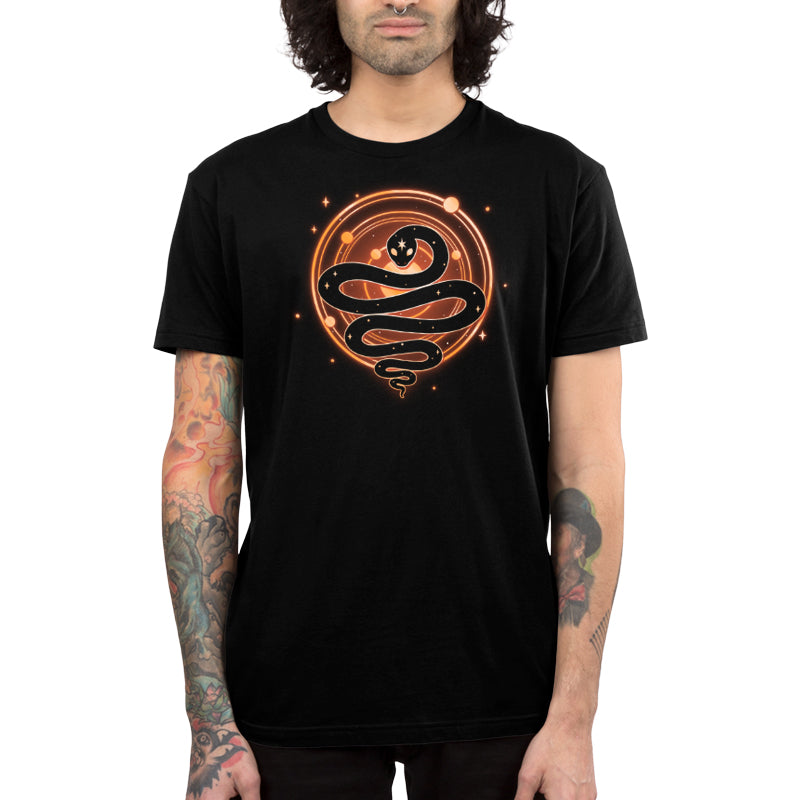 A man wearing a black T-shirt with the Serpent of Cosmos by TeeTurtle made of Ringspun Cotton.