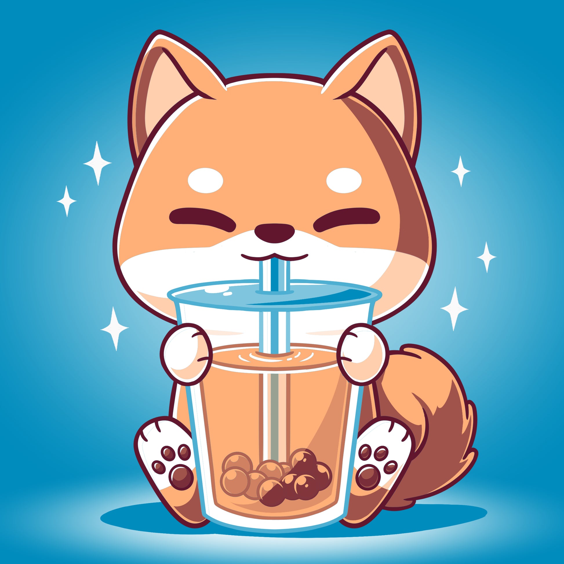 A Boba Shiba cartoon fox drinking a cup of coffee on a cobalt blue TeeTurtle t-shirt.