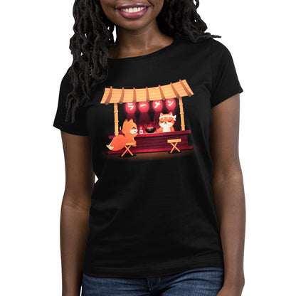 A woman wearing a TeeTurtle t-shirt with an image of Shiba's Ramen Stall selling ramen.